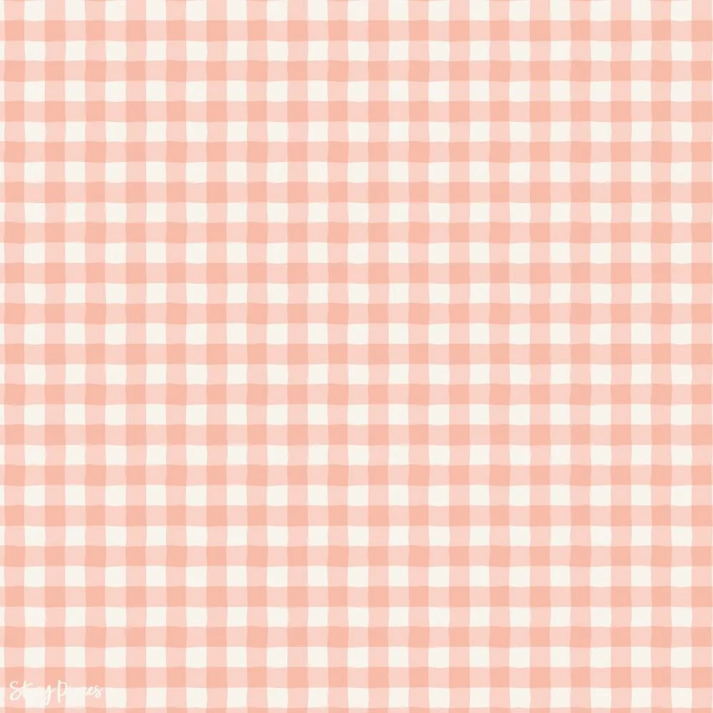 Soft peach and cream gingham check pattern with a hand-painted look, a classic small-scale design for quilting fabrics and textiles.