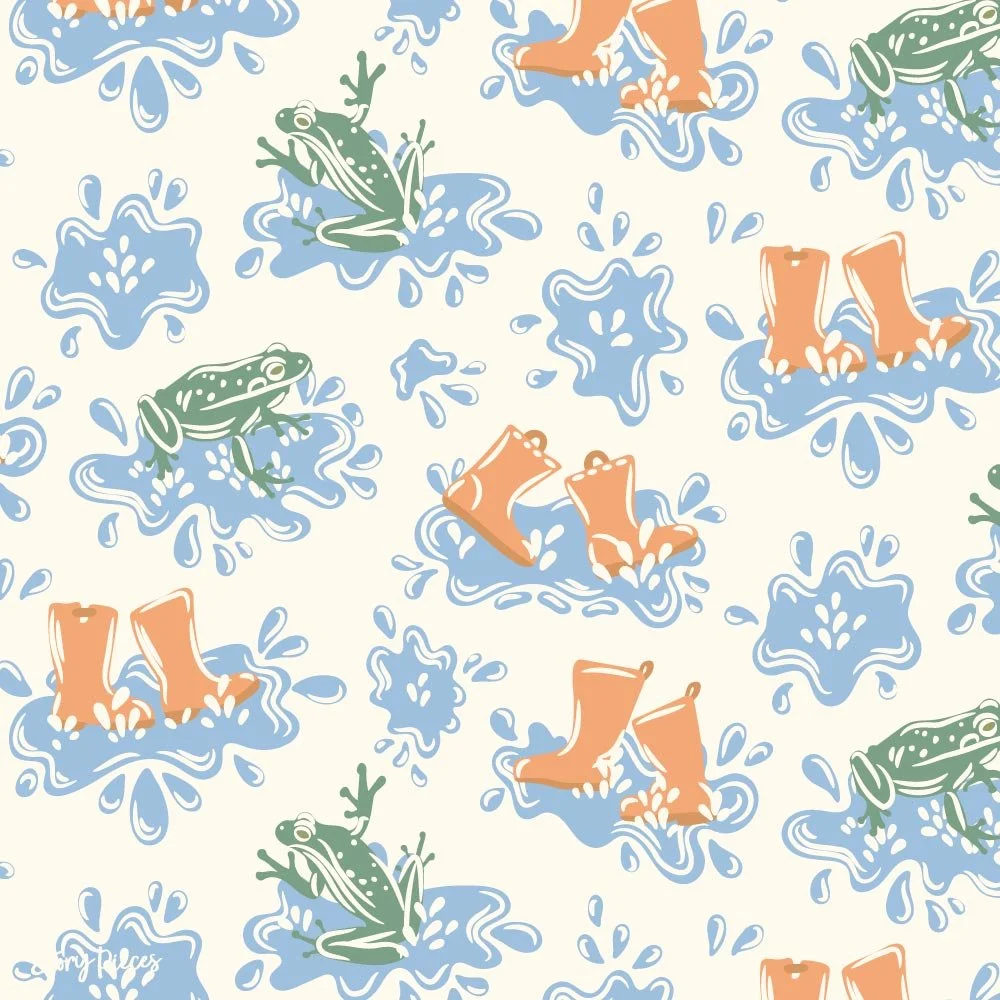Playful children’s pattern with frogs and rain boots splashing in puddles, blue water motifs, and soft pastel tones, nature-inspired design.