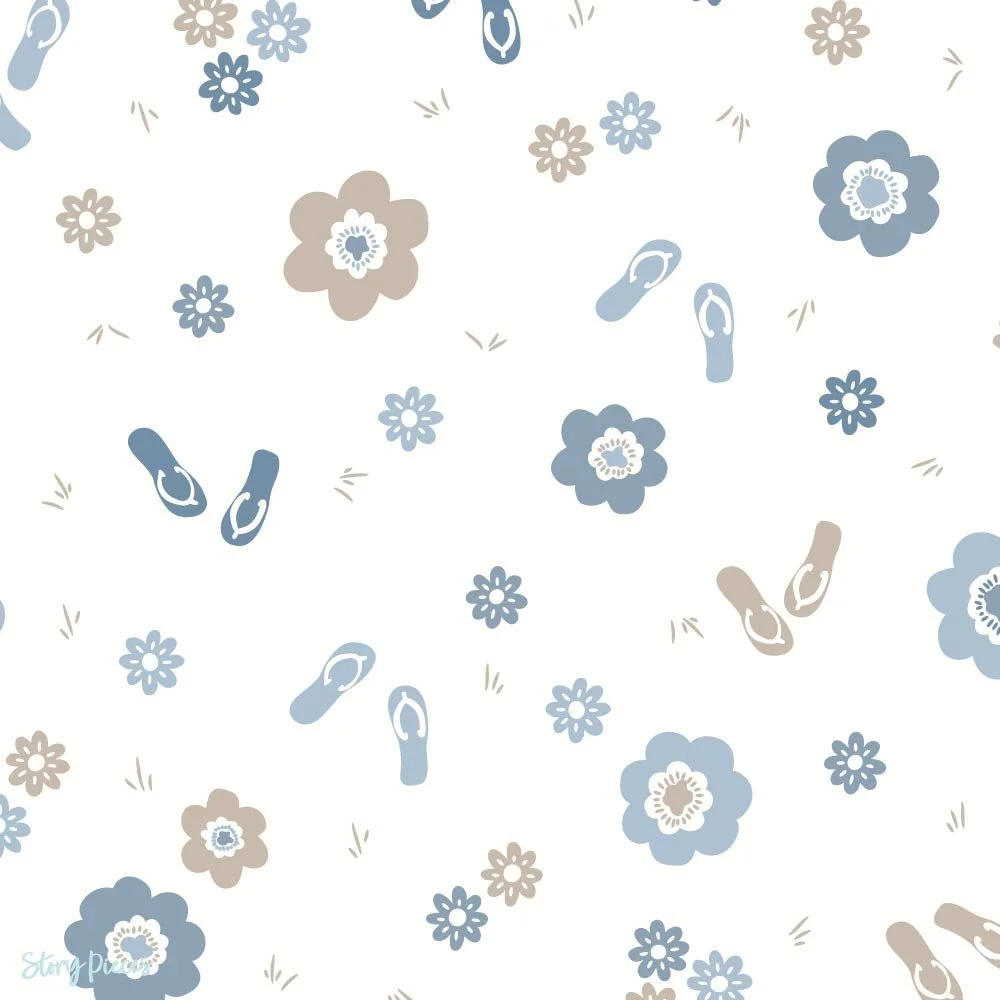 Playful ditsy floral summer surface pattern with flip flops and scattered flowers in coastal blue tones, light-hearted coastal-inspired textile design.