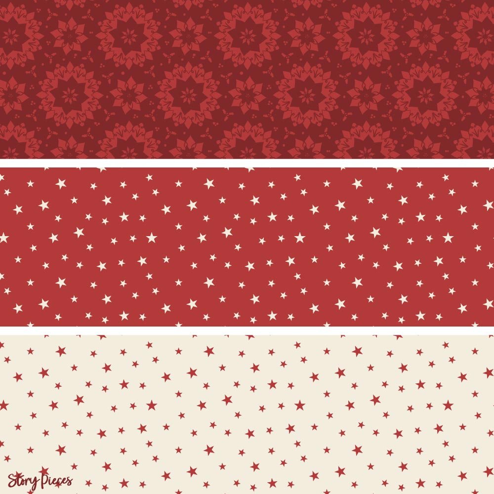 Two coordinating patterns shown together: a rich red floral medallion design paired with a scattered star pattern in both red-on-cream and cream-on-red variations.