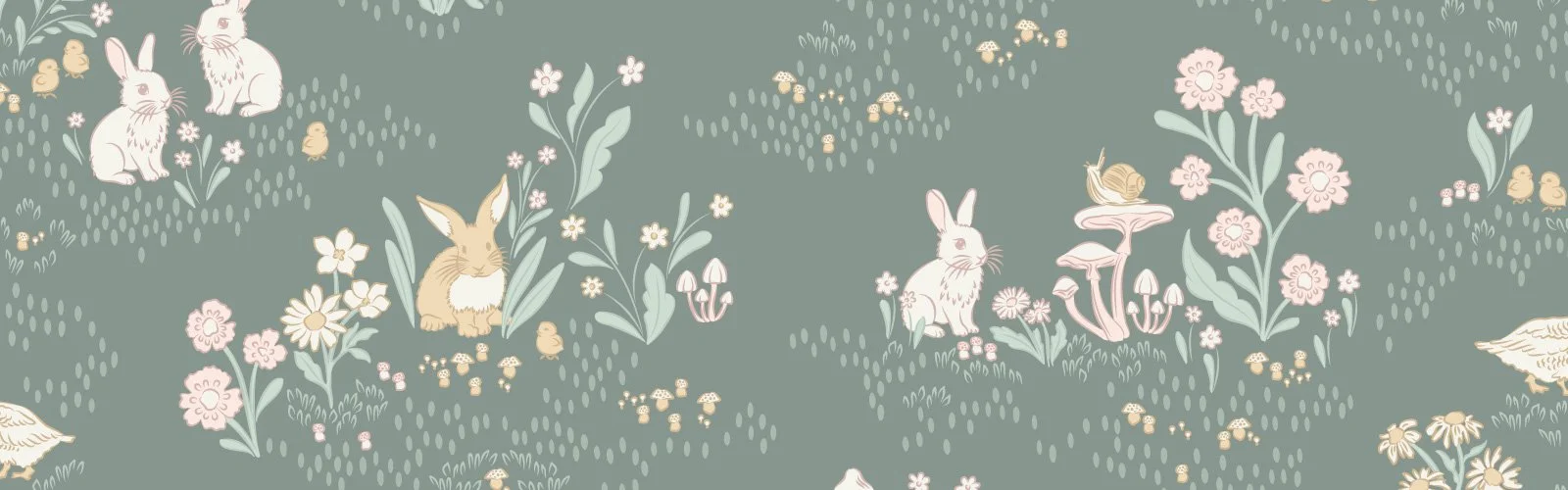 Pastoral children’s pattern with rabbits, geese, mushrooms, and wildflowers in soft muted tones on a sage green background.