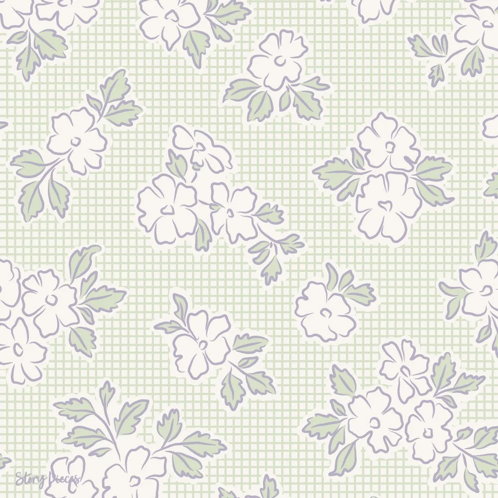 Vintage-inspired floral surface pattern with delicate blossoms over a soft green grid background, light and airy ditsy design for textiles.