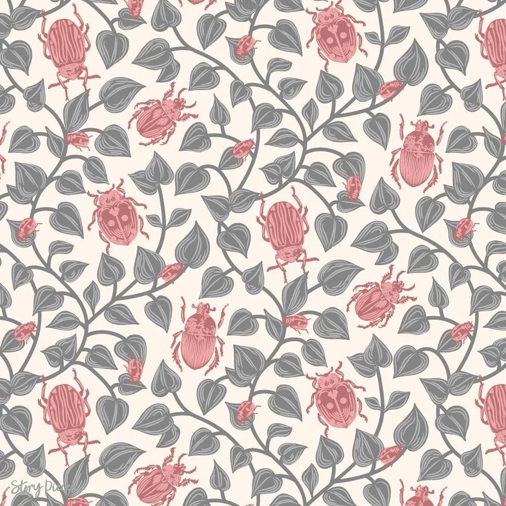 Soft botanical pattern on a warm cream background featuring trailing leafy vines with detailed rose-toned beetles and smaller insects, offering a lighter, vintage-inspired version of this nature inspired pattern.