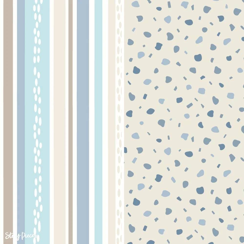 Split design showing vertical pastel stripes alongside a scattered terrazzo-style pattern in coastal blue tones and sand on a soft neutral background.
