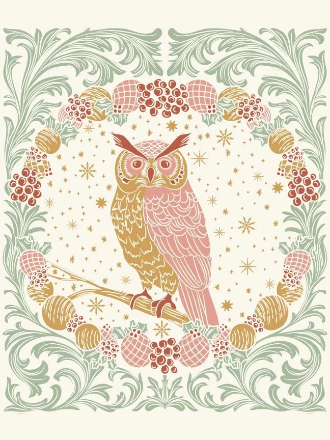 A decorative Christmas illustration of an owl perched on a branch, surrounded by a wreath of berries, pinecones, and foliage, with delicate star and snowflake details, framed by ornate scrolling leaves in soft green, red, and gold tones on a light ba