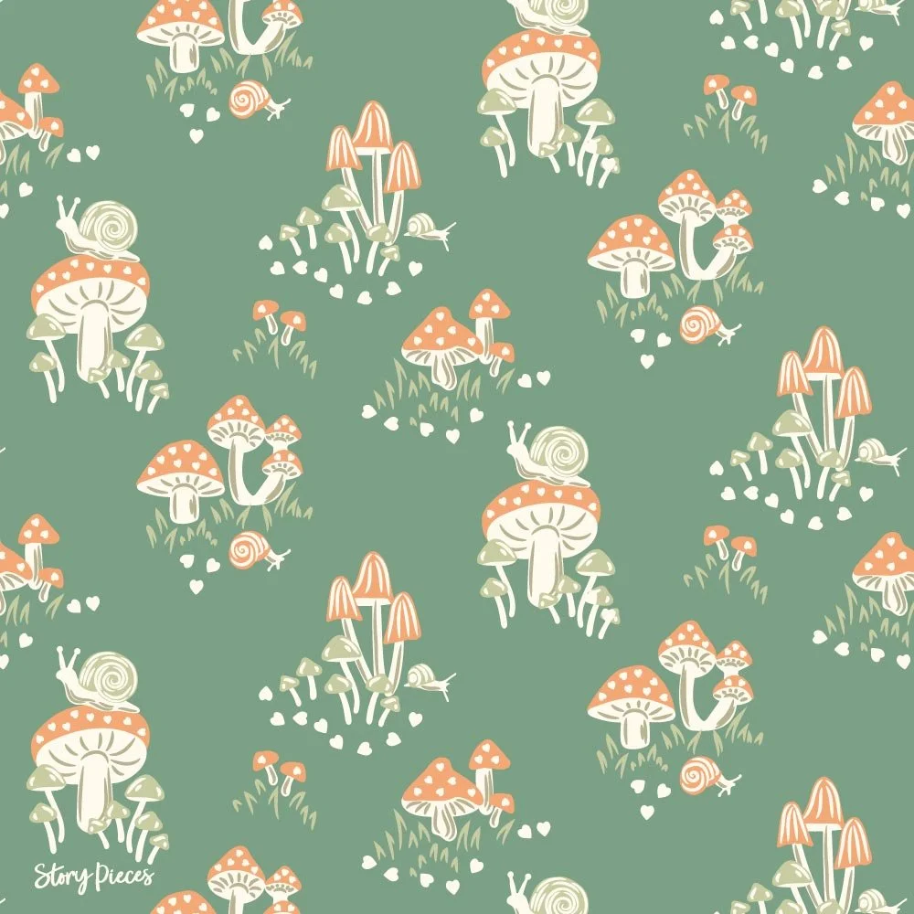 Whimsical woodland pattern on a soft green background featuring clusters of orange-capped mushrooms, tiny snails, and small scattered hearts, creating a playful, storybook-inspired forest floor scene.