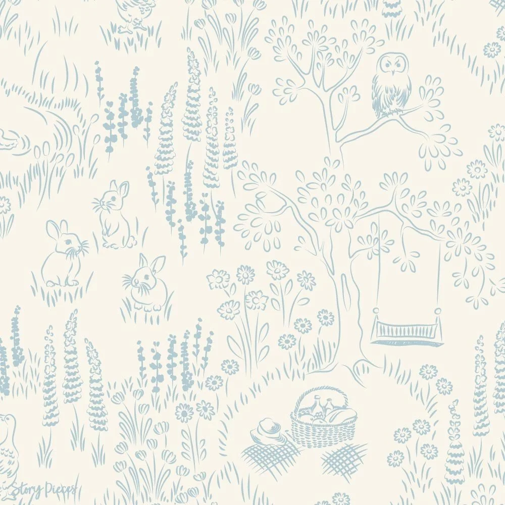 Delicate blue linework toile-style pattern on a soft cream background, featuring rabbits, wildflowers, trees, an owl perched on a branch, and a garden scene with a swing and picnic basket, evoking a gentle storybook meadow.