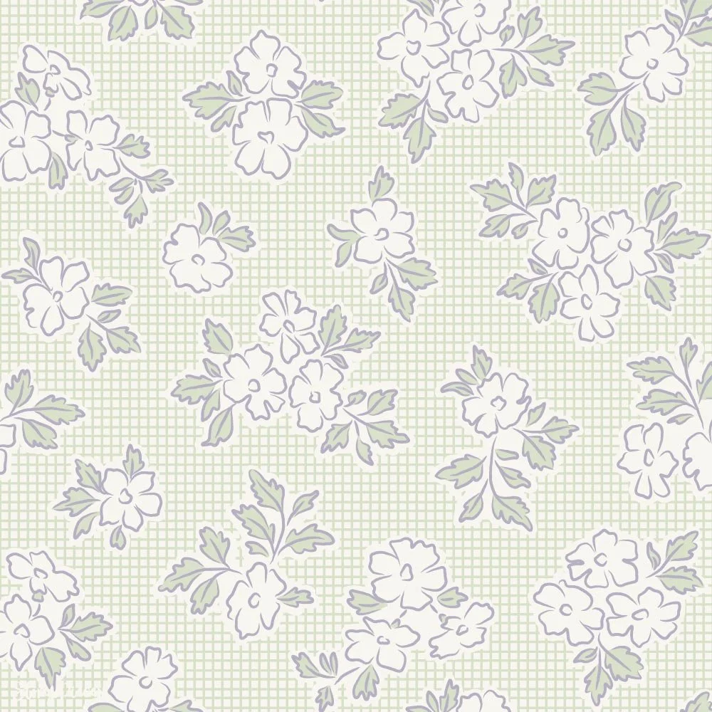Vintage-inspired floral surface pattern with delicate blossoms over a soft green grid background, light and airy ditsy design for textiles.