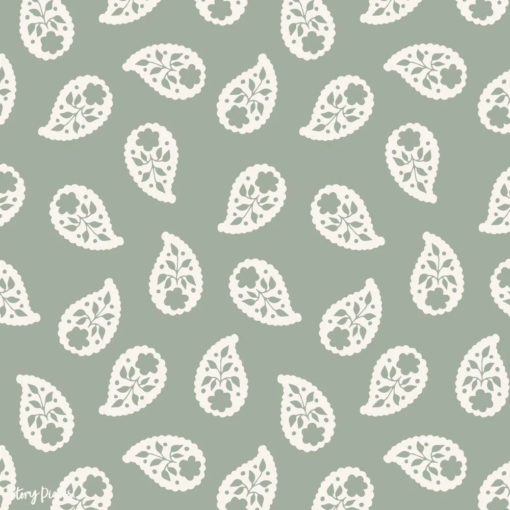Soft sage green pattern with scattered white paisley motifs featuring delicate floral details, a vintage-inspired ditsy design for textiles.