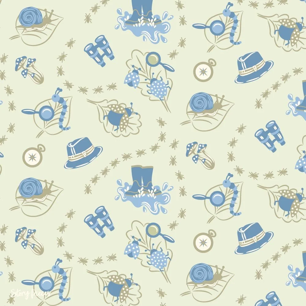 Children’s explorer pattern with insects, ants, binoculars, boots, and nature finds in blue tones, playful outdoor adventure design.