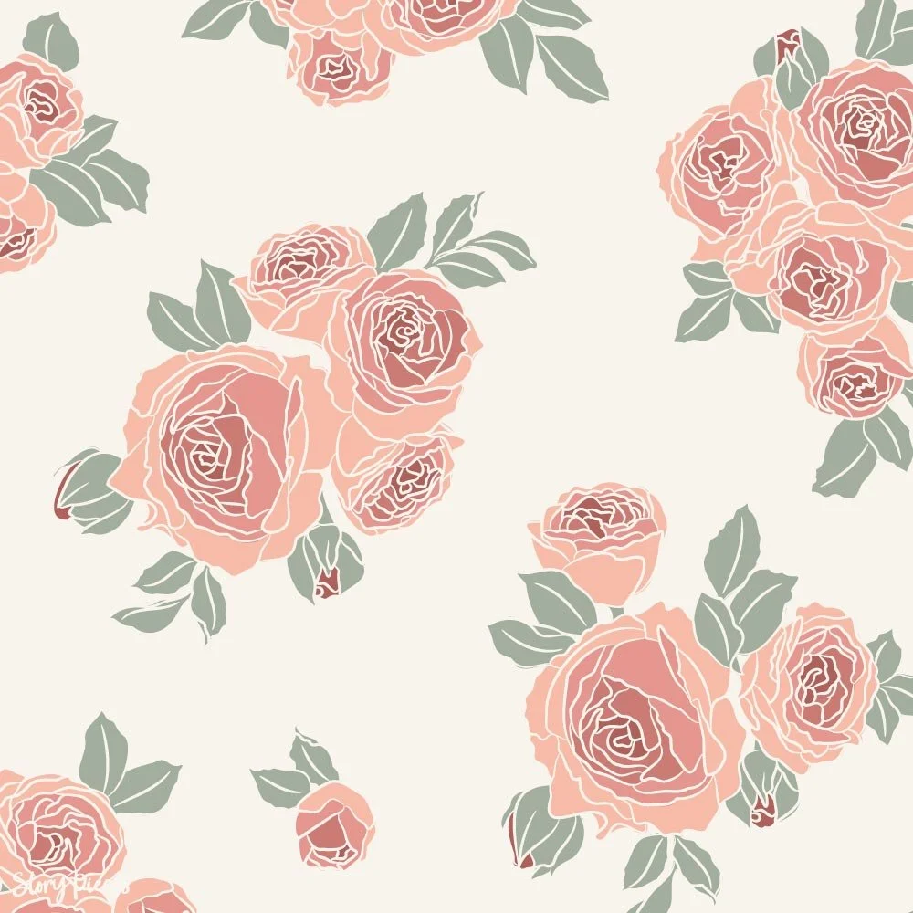 Soft peach rose pattern with hand-drawn blooms and sage green leaves on a light neutral background, vintage-inspired floral design for textiles and wallpaper.