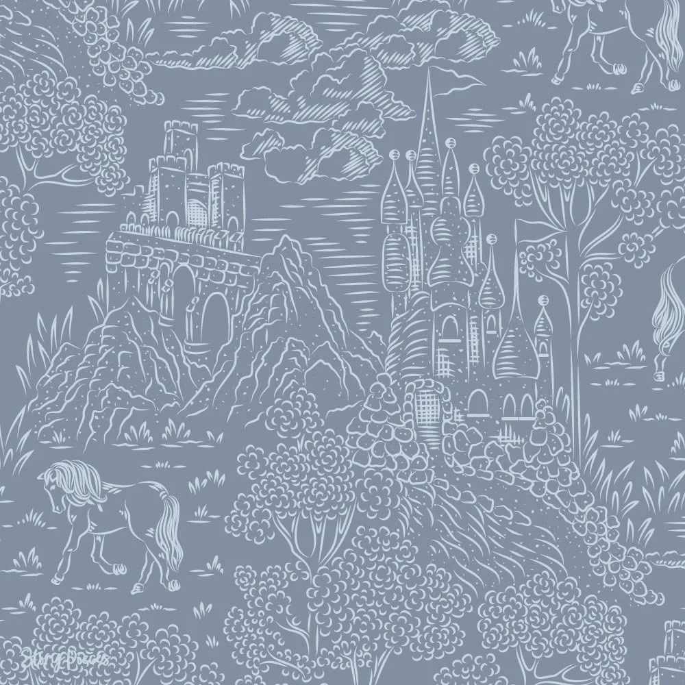 Toile-style fantasy surface pattern with castles, horses, and trees in a soft blue palette, storybook-inspired design with hand-drawn detail.