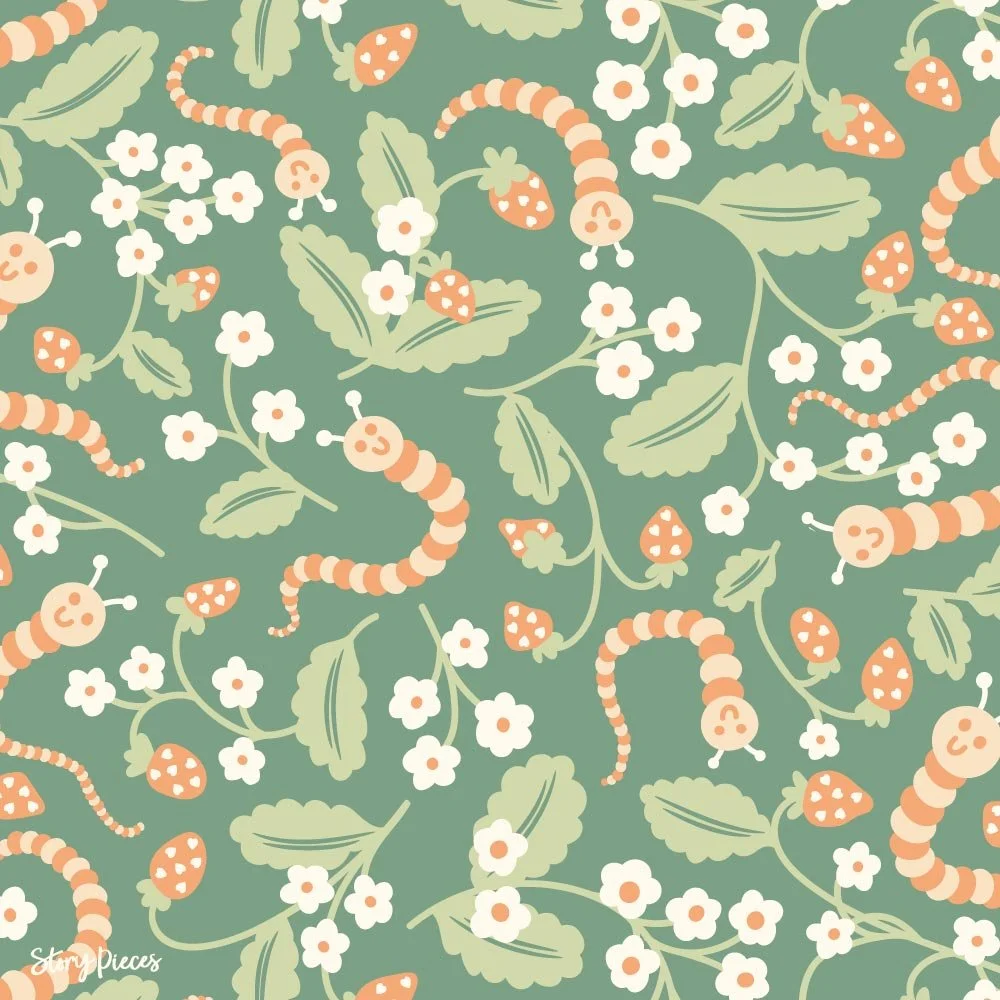 Playful children’s surface pattern with caterpillars, strawberries, and small flowers on a green background, whimsical nature-inspired design.