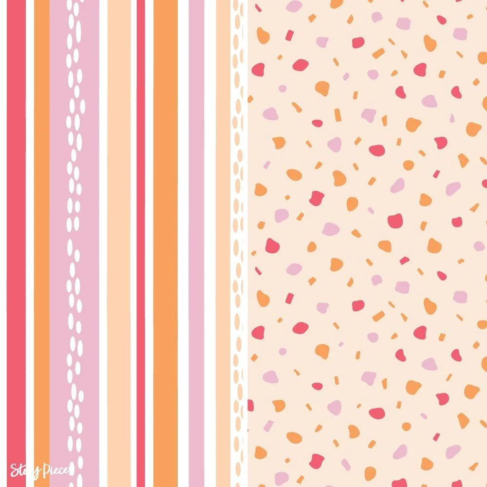Split design showing vertical pastel stripes alongside a scattered terrazzo-style pattern in coral, peach, and pink tones on a soft neutral background.