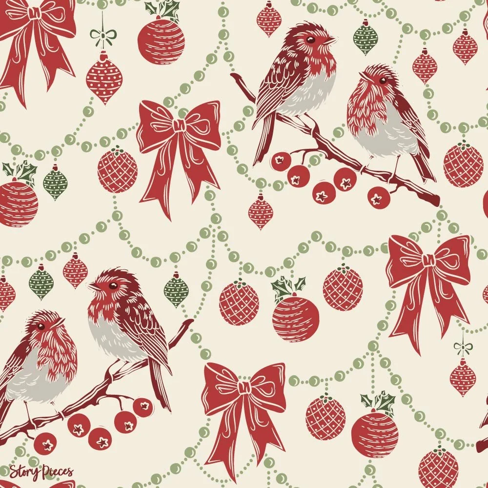 Traditional Christmas pattern with robins, bows, baubles, and garlands in red and green, vintage-inspired festive surface design.