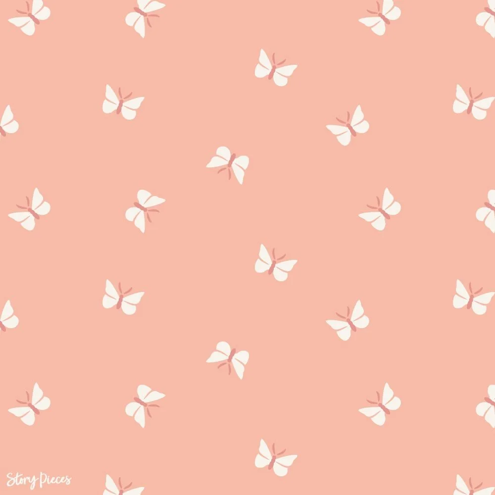 Soft peach background with scattered small white butterflies, a delicate ditsy pattern with a light, whimsical and vintage-inspired feel.