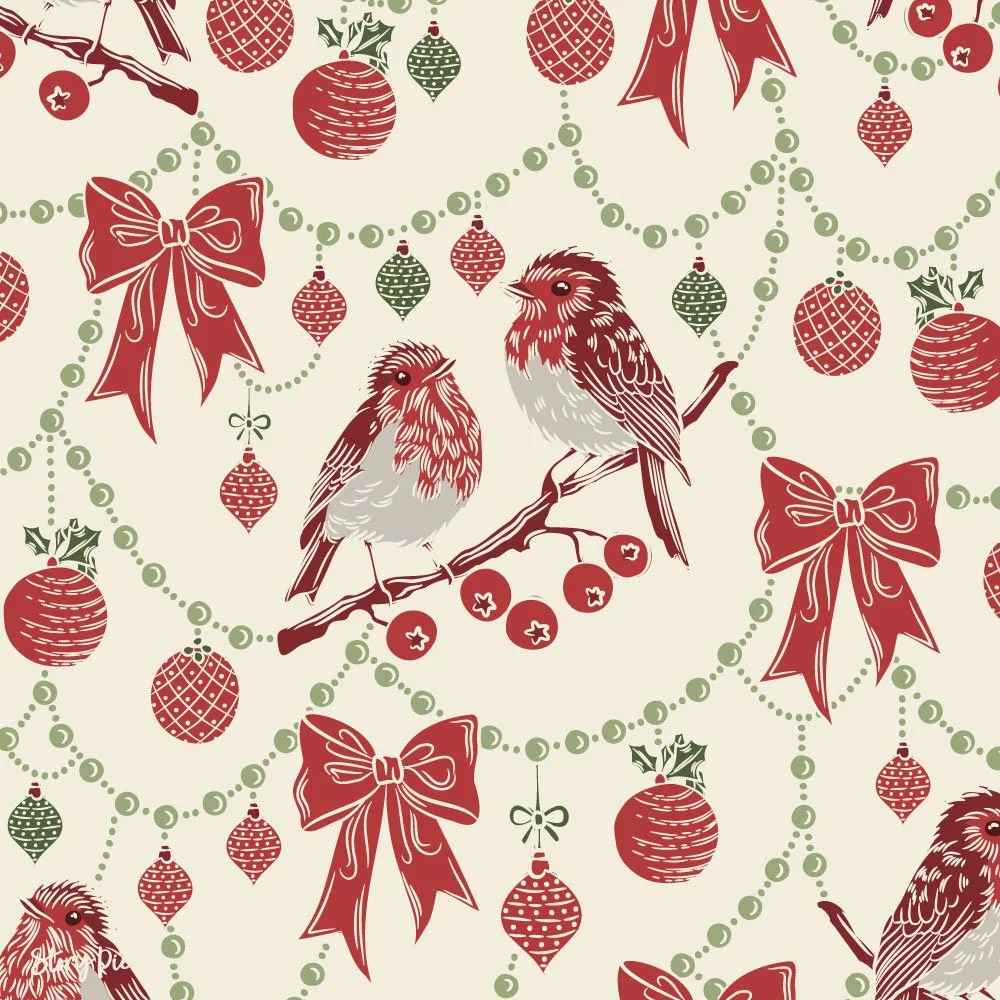 Traditional Christmas pattern with robins, bows, baubles, and garlands in red and green, vintage-inspired festive surface design.
