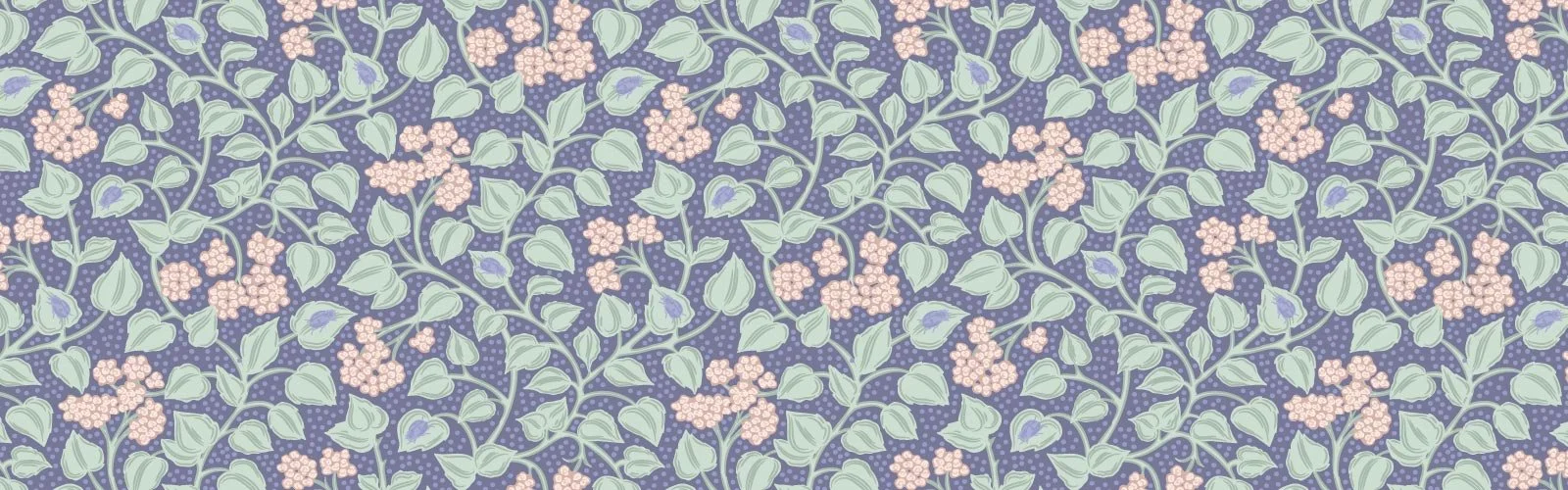 Hand-drawn floral surface pattern with trailing vines, soft green leaves, and delicate blossoms on a muted purple background.