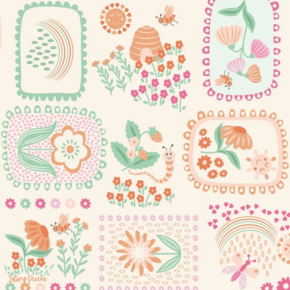 Playful children’s surface pattern with floral panels, bees, ladybirds, and rainbows in soft pastel tones, whimsical nature-inspired design.