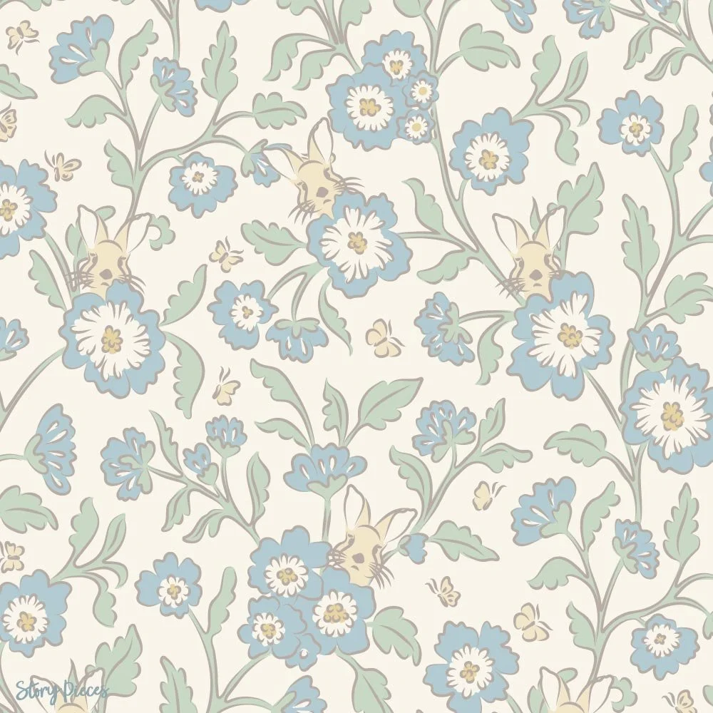 Vintage floral surface pattern with hidden rabbits, butterflies, and soft blue blossoms, delicate storybook-inspired botanical design.