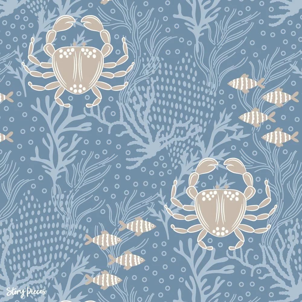 Coastal surface pattern with crabs, fish, and seaweed in soft blue tones, ocean-inspired design with hand-drawn detail.