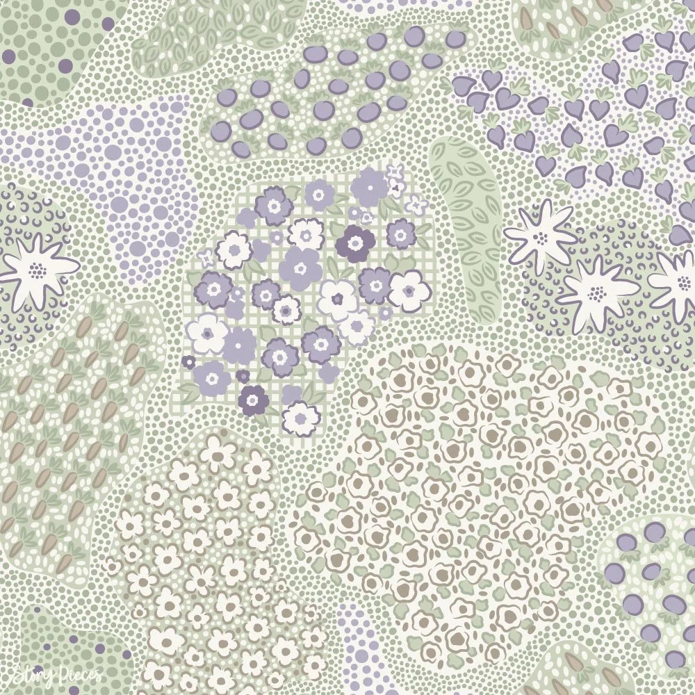 Patchwork-style surface pattern with mixed florals, dots, and textures in soft green and lavender tones, vintage-inspired quilt design