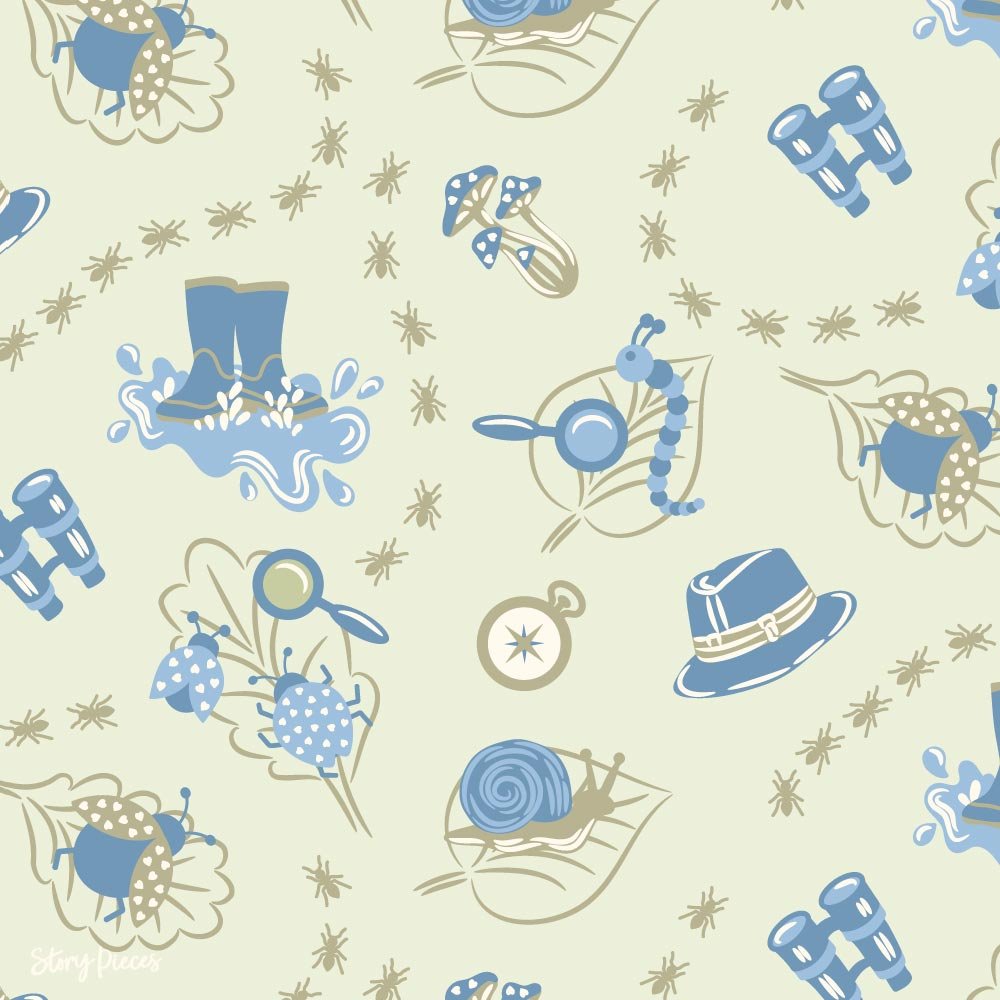 Children’s explorer pattern with insects, ants, binoculars, boots, and nature finds in blue tones, playful outdoor adventure design.