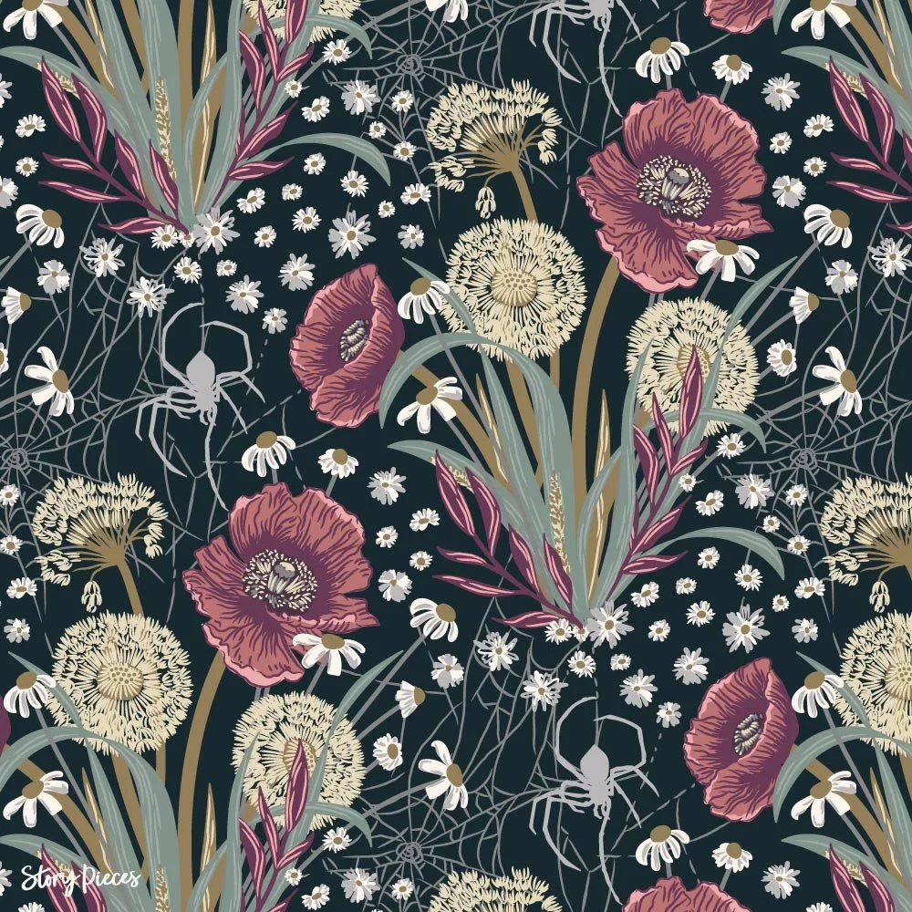 Moody botanical pattern on a deep navy background featuring poppies, daisies, dandelions, and grasses intertwined with delicate spiderwebs and spiders, creating a rich, slightly gothic woodland feel.