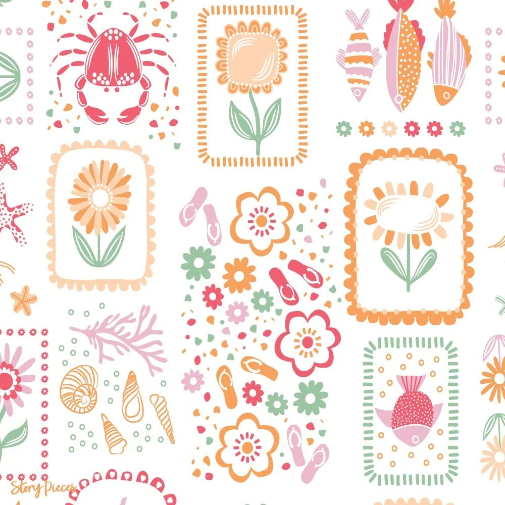Playful coastal surface pattern with shells, fish, florals, and flip flops in warm pastel tones, cheerful summer-themed design for textiles.