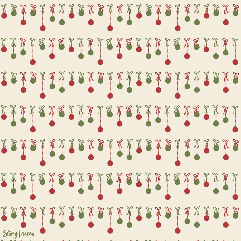 Repeating pattern of hanging Christmas ornaments in red and green, tied with bows and arranged in neat rows on a soft cream background.