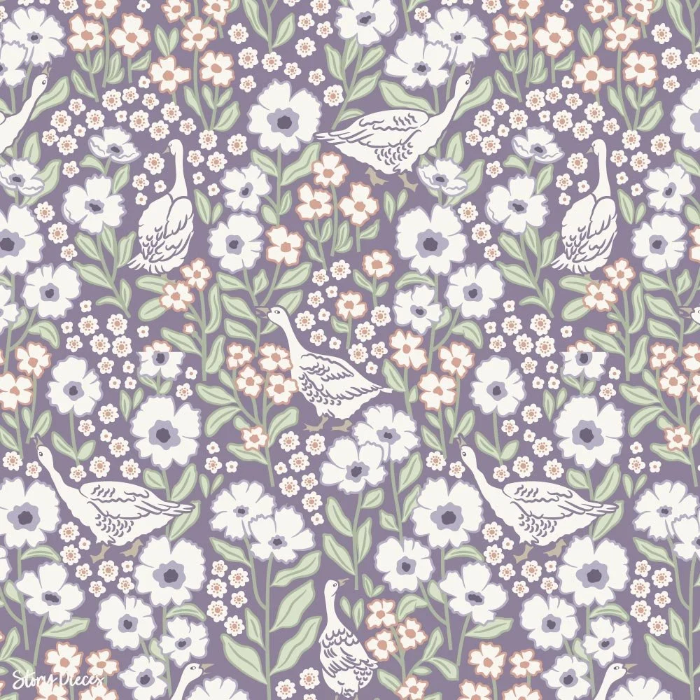 Ditsy floral surface pattern with geese and wildflowers in soft lavender and green tones, vintage-inspired countryside textile design