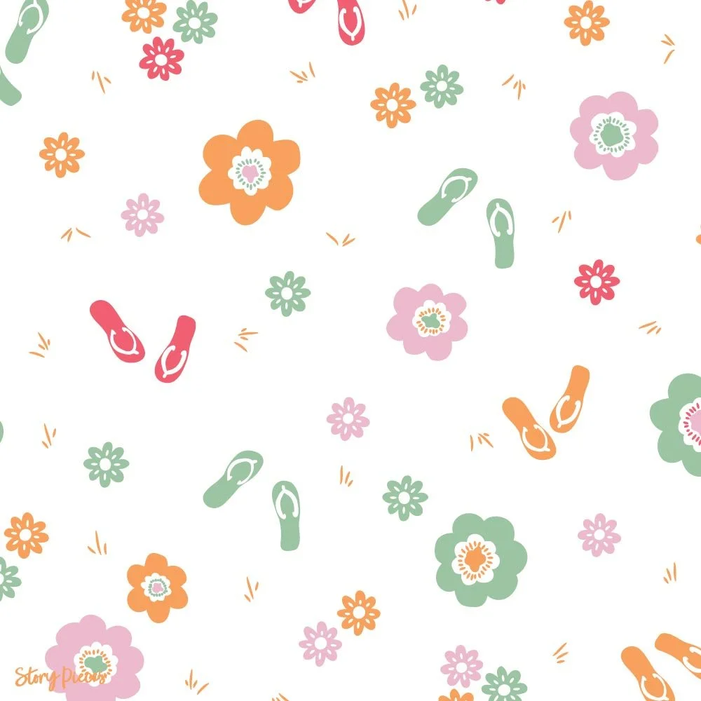 Playful ditsy floral summer surface pattern with flip flops and scattered flowers in pastel tones, light-hearted coastal-inspired textile design.
