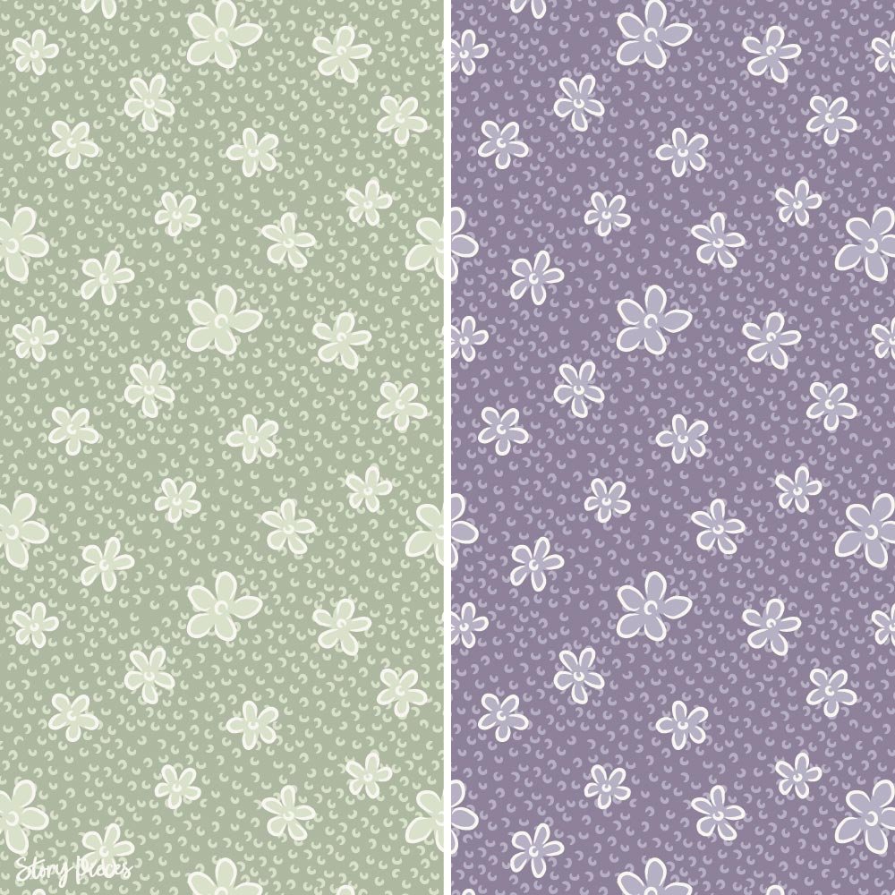 Ditsy floral surface pattern shown in two colourways, soft green and lavender backgrounds with small flowers, vintage-inspired textile design.