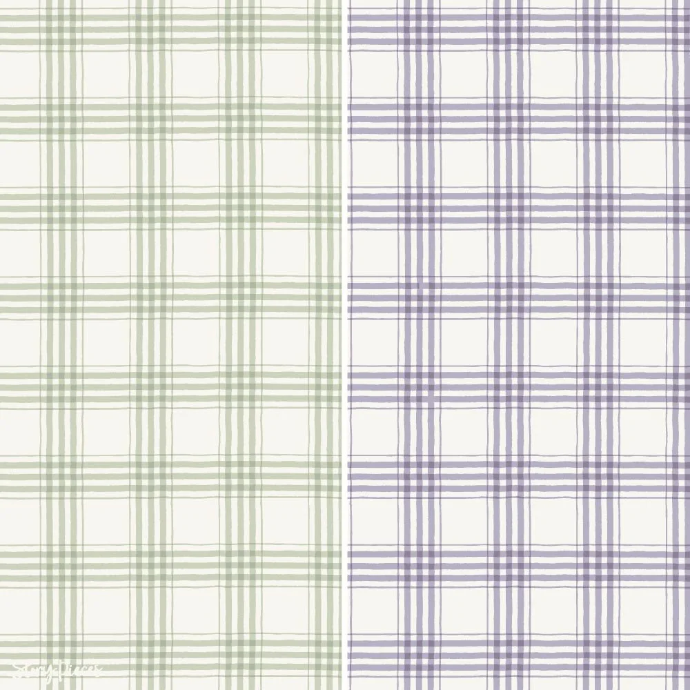 Plaid gingham surface pattern shown in two colourways, soft green and lavender check design with a hand-drawn, vintage textile feel