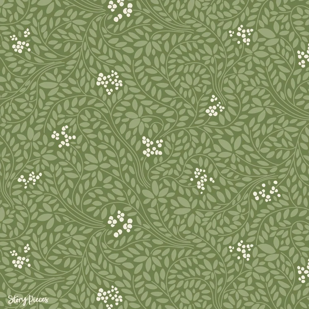 Flowing leafy pattern in soft sage green tones, featuring delicate trailing vines and small clusters of white berries in an all-over, nature-inspired design.