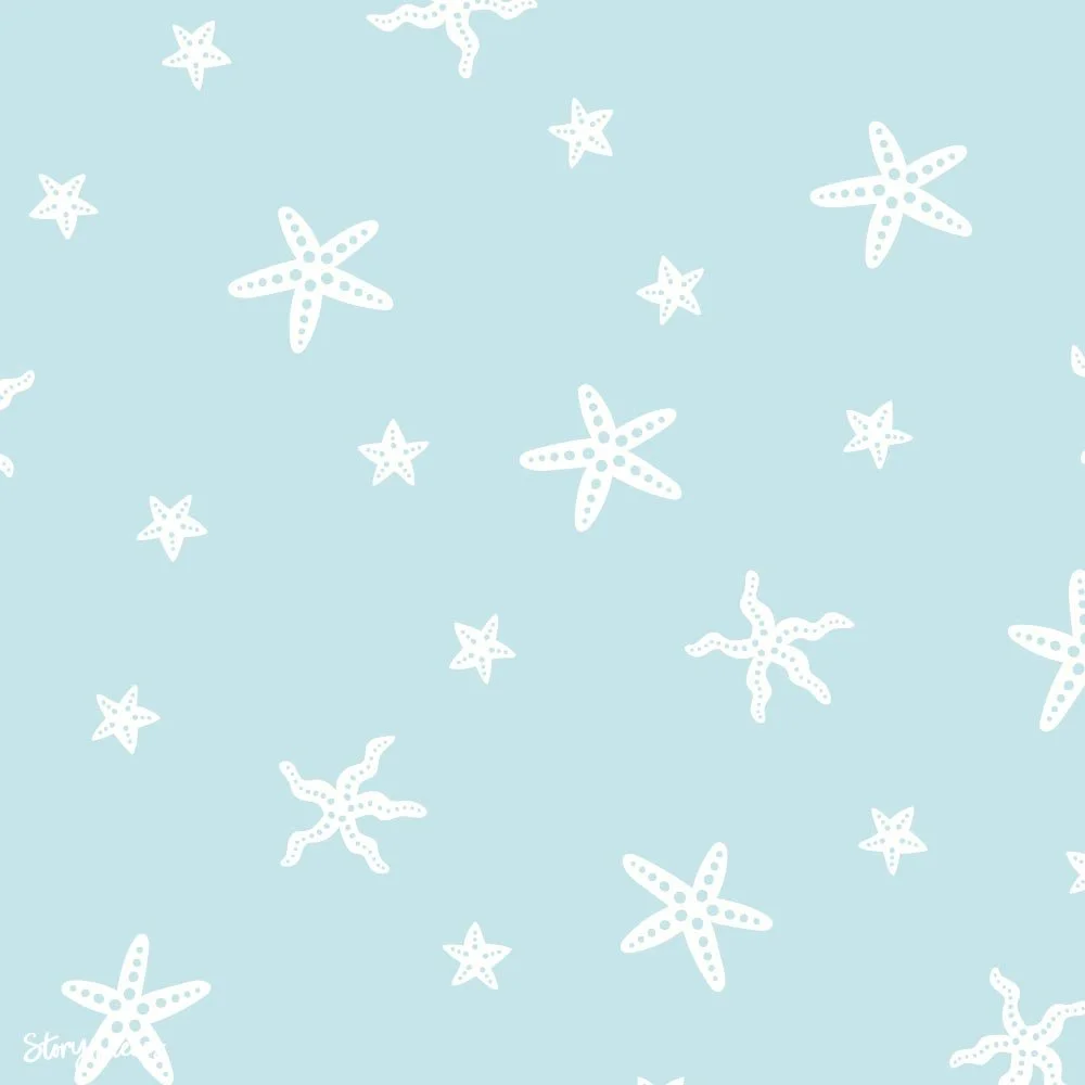 Soft blue coastal pattern with scattered white starfish, simple hand-drawn ocean motif for summer textiles and beach-inspired designs.