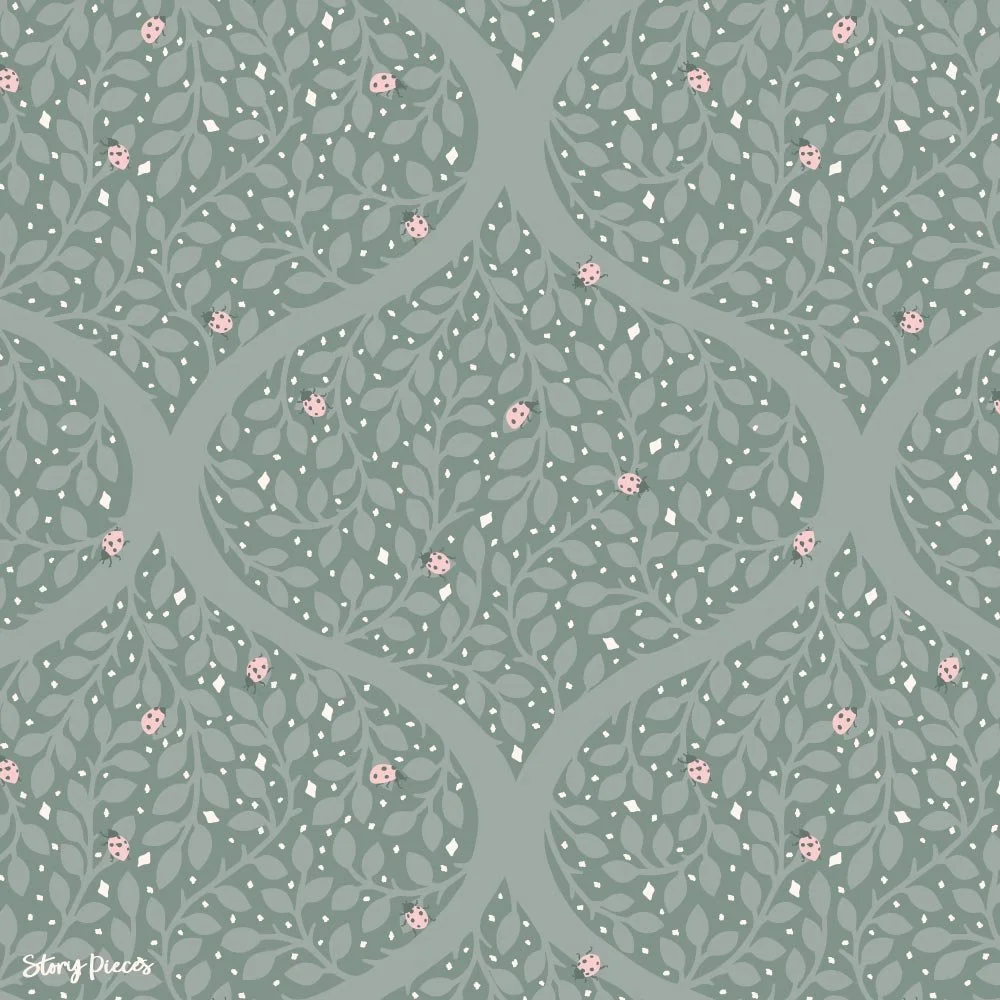 Ogee-style botanical pattern in tonal sage greens with delicate leafy branches and subtle pink ladybirds, offering a calm, monochromatic look with gentle contrast.