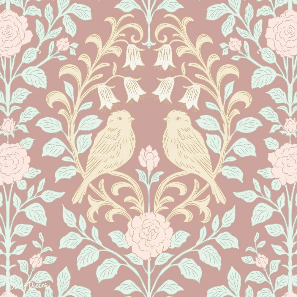 Modern damask wallpaper with birds, florals, and scrolling vines in soft blush and sage tones, vintage-inspired ornamental surface pattern.