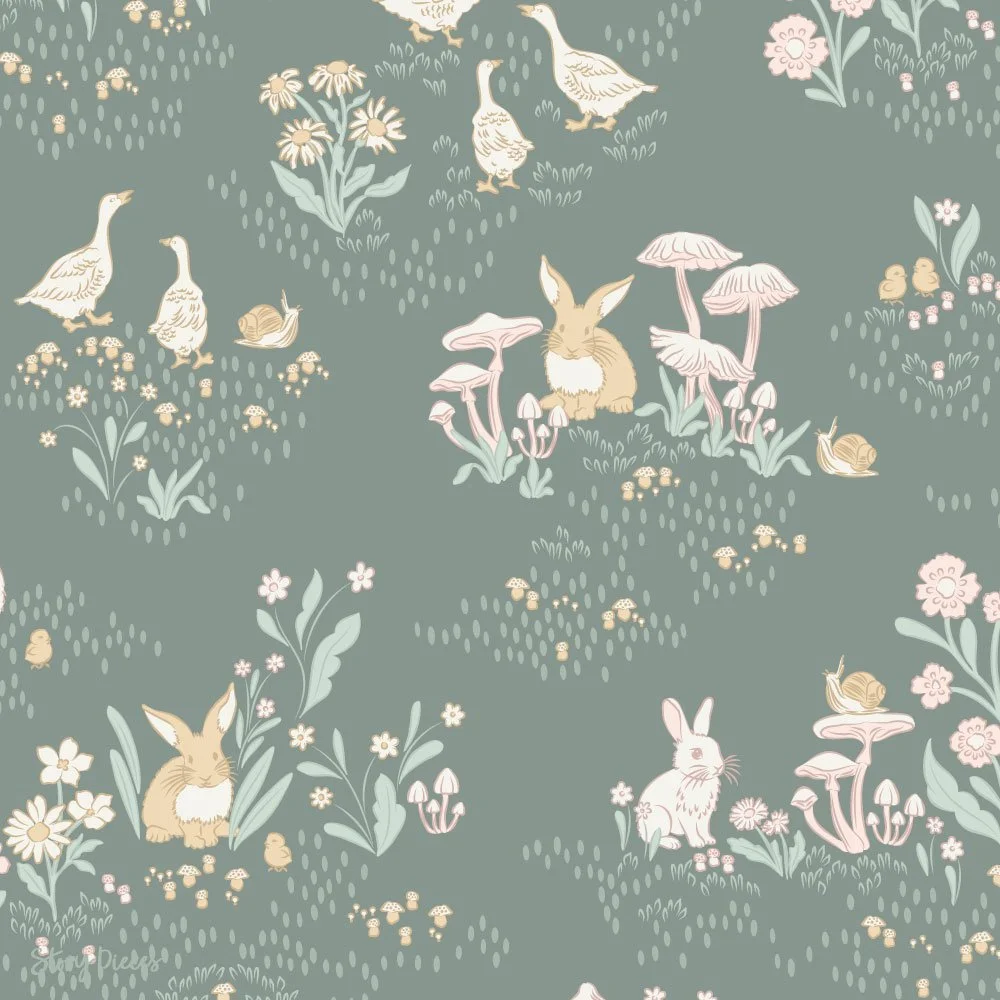 Pastoral children’s pattern with rabbits, geese, mushrooms, and wildflowers in soft muted tones on a sage green background.
