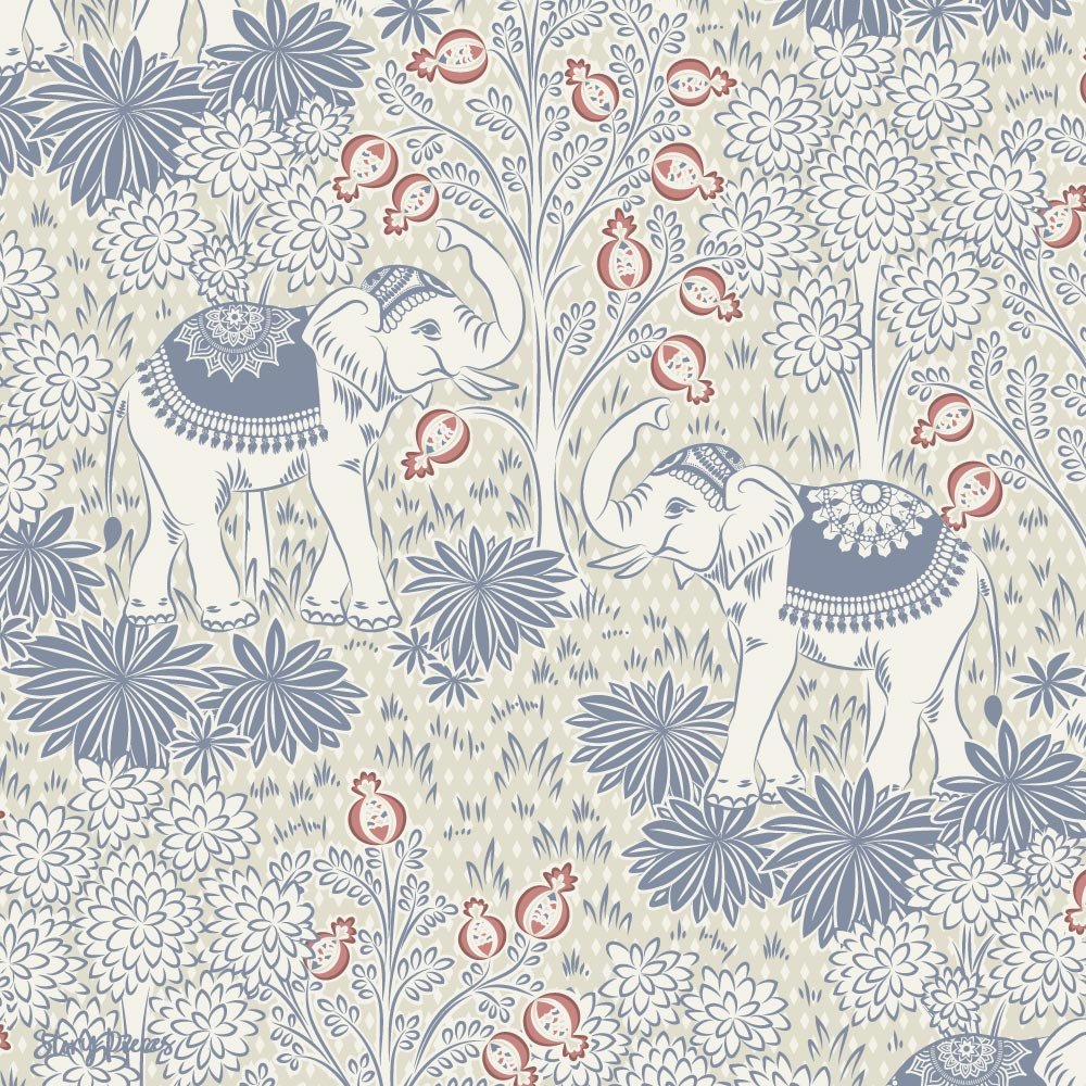 Decorative elephant surface pattern with florals and pomegranates in a soft blue and neutral palette, vintage-inspired ornamental design.