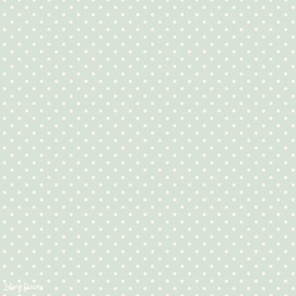 Soft sage green polka dot pattern with evenly spaced small white dots, a simple and timeless ditsy design for textiles and quilting fabrics.