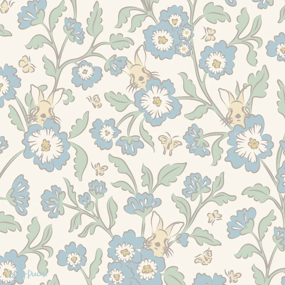 Vintage floral surface pattern with hidden rabbits, butterflies, and soft blue blossoms, delicate storybook-inspired botanical design.