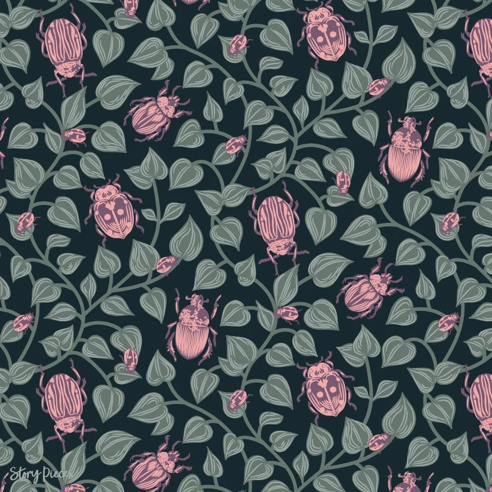 Moody botanical pattern on a deep navy background featuring trailing leafy vines with detailed pink beetles and smaller insects, creating a rich, nature-inspired design with a slightly gothic feel.