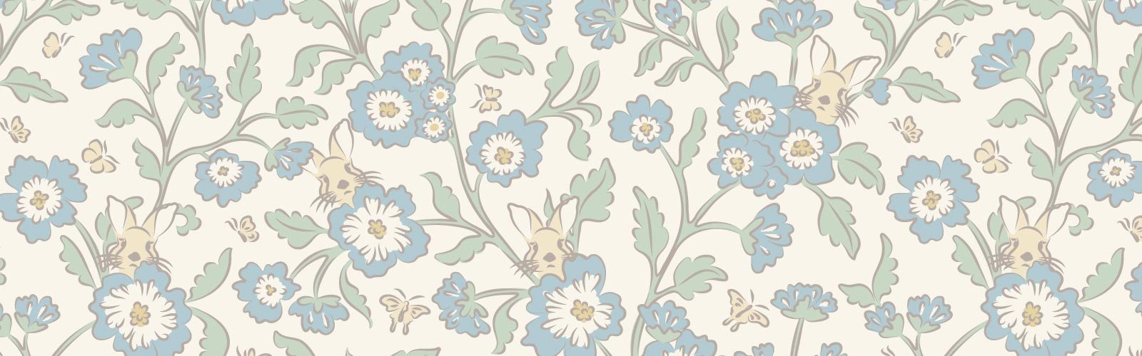 Vintage floral surface pattern with hidden rabbits, butterflies, and soft blue blossoms, delicate storybook-ins.pired botanical design