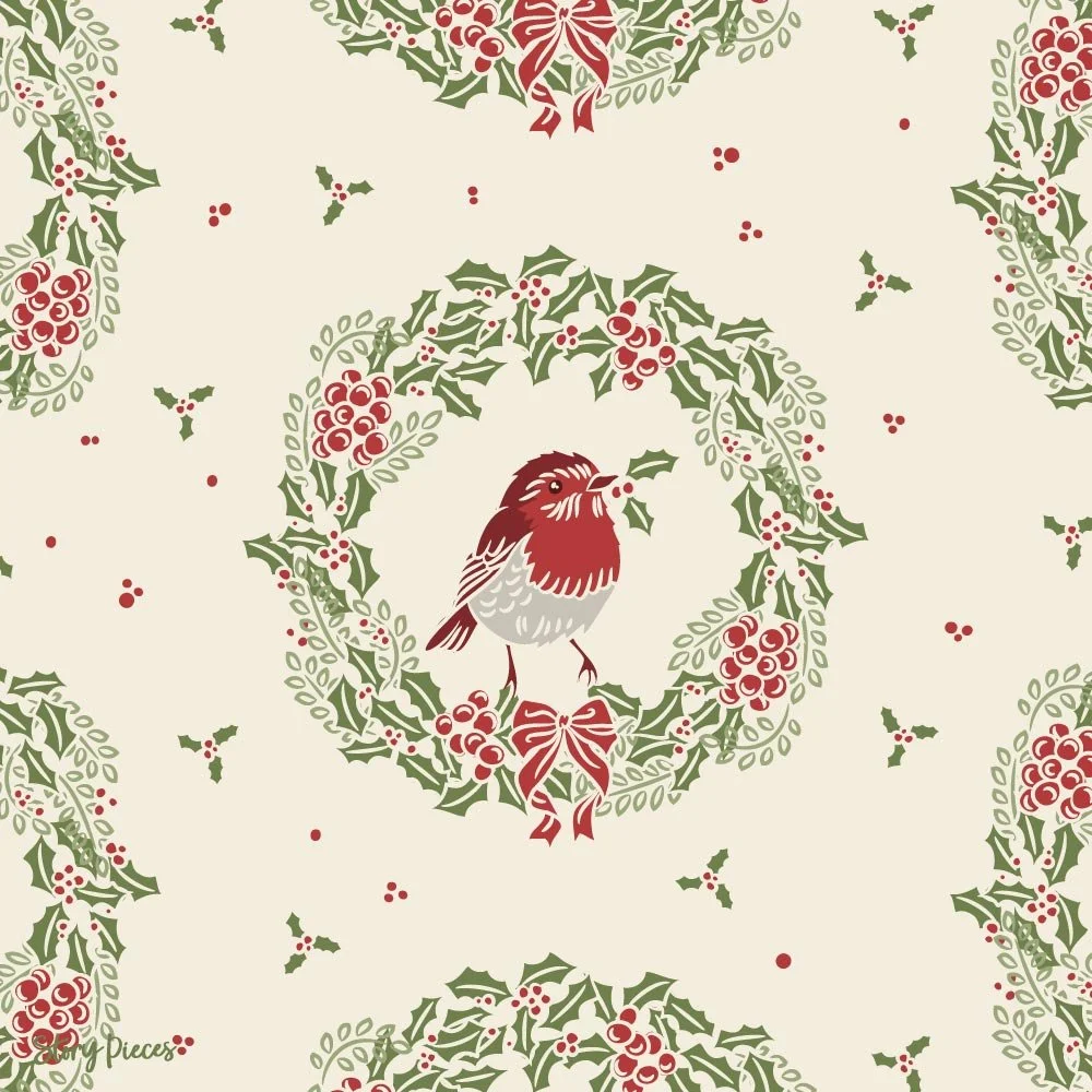 Traditional Christmas surface pattern with robins in holly wreaths, red berries, and festive motifs in a classic red and green palette.
