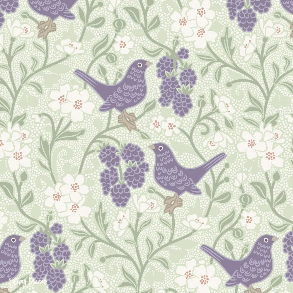 Countryside floral surface pattern with blackbirds, blackberries, and blossoms in soft green and lavender tones, vintage-inspired style