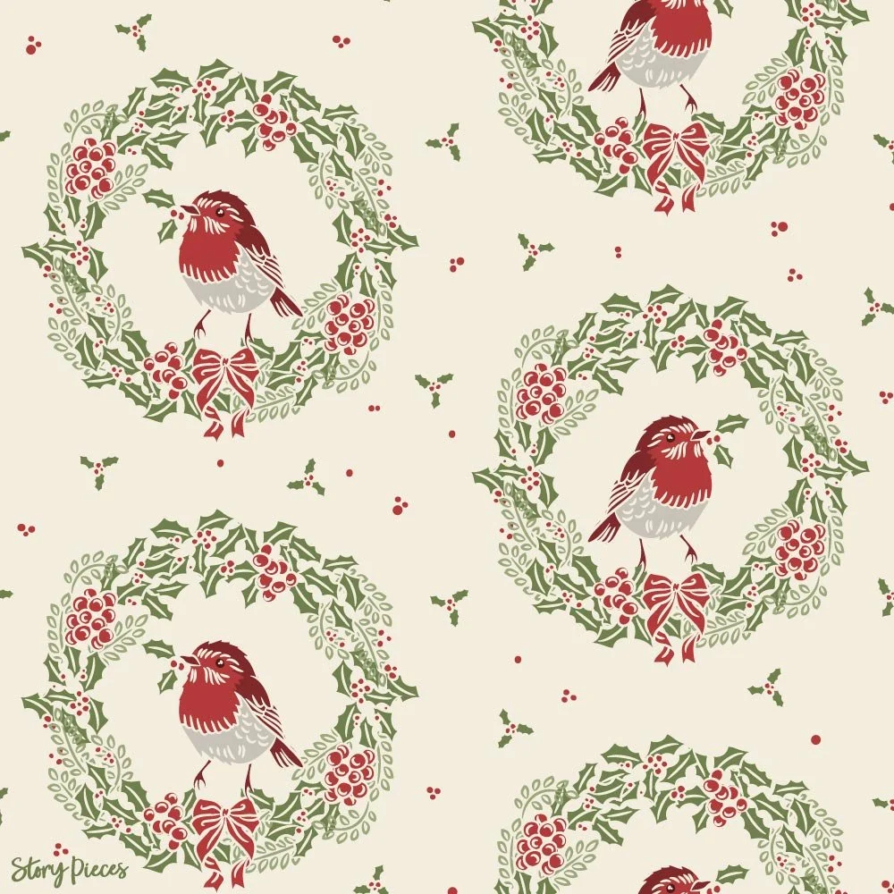 Traditional Christmas surface pattern with robins in holly wreaths, red berries, and festive motifs in a classic red and green palette.