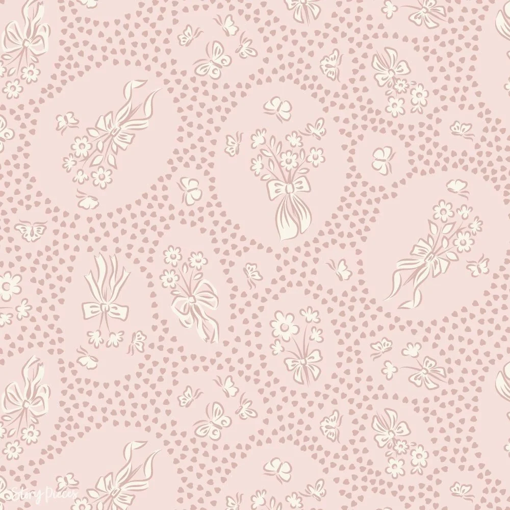 Soft blush pink pattern with delicate floral bouquets tied with ribbons, tiny butterflies, and scattered heart dots, a romantic vintage-inspired ditsy design.