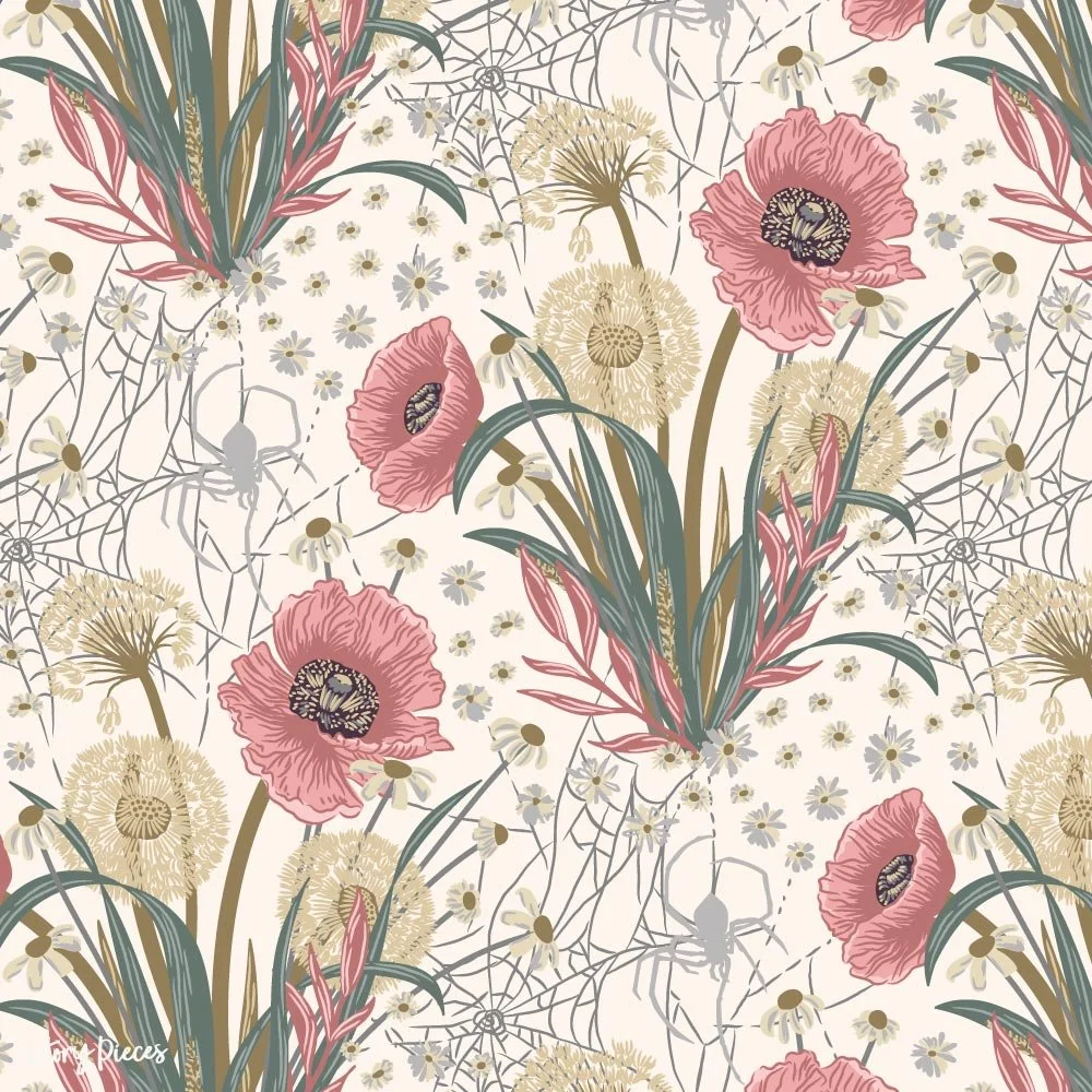 Soft botanical pattern on a warm cream background featuring poppies, daisies, dandelions, and grasses intertwined with delicate spiderwebs and spiders, offering a lighter, vintage-inspired take on this woodland design.