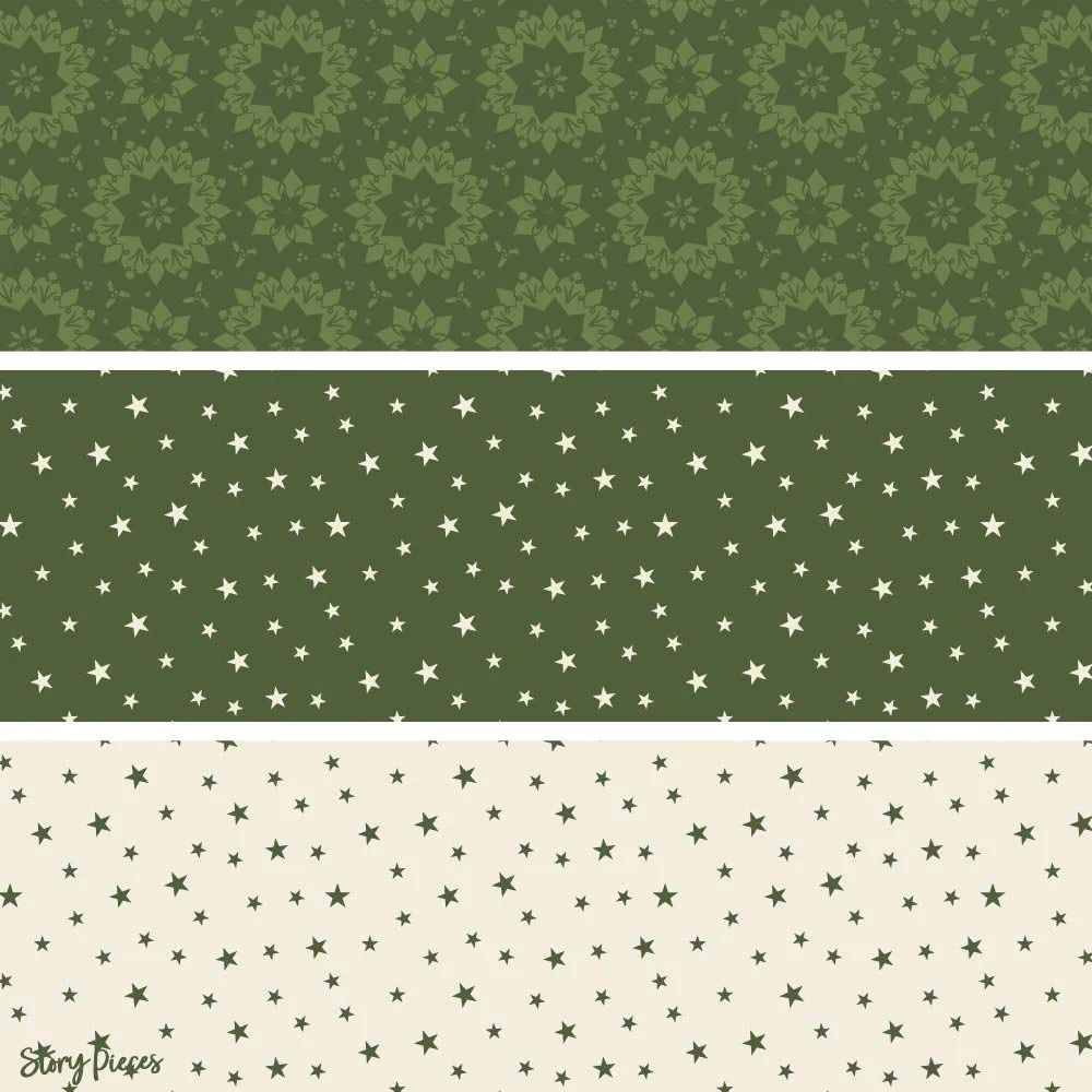 Two coordinating patterns shown together: a deep green floral medallion design paired with a scattered star pattern in both green-on-cream and cream-on-green variations.